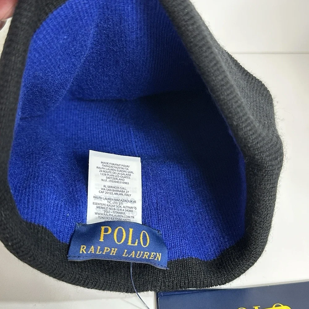 Polo Ralph Lauren Reversible Big Pony Knit Beanie Black Ski Hat Cap One Size NEW